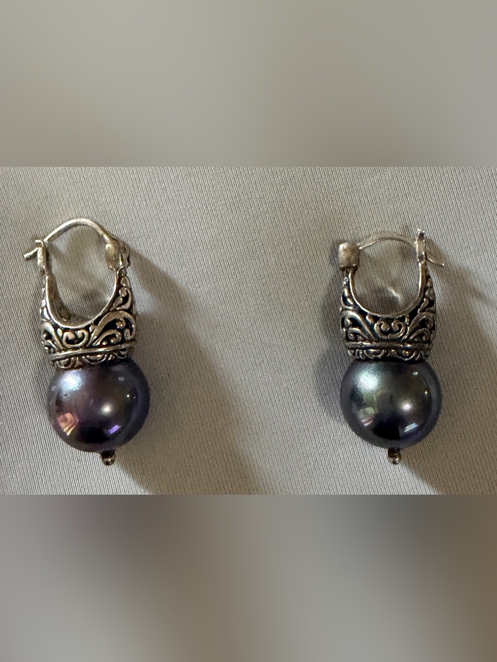 925 stamped Elegant Silver Filigree Black Pearl Drop Earrings